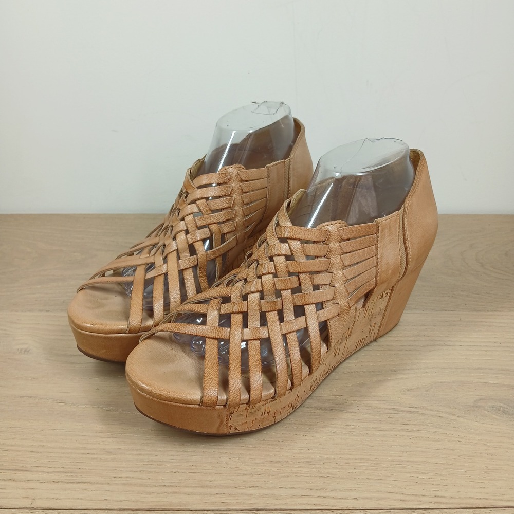 Chocolat Blu Tan Woven Leather Wedge Sandals